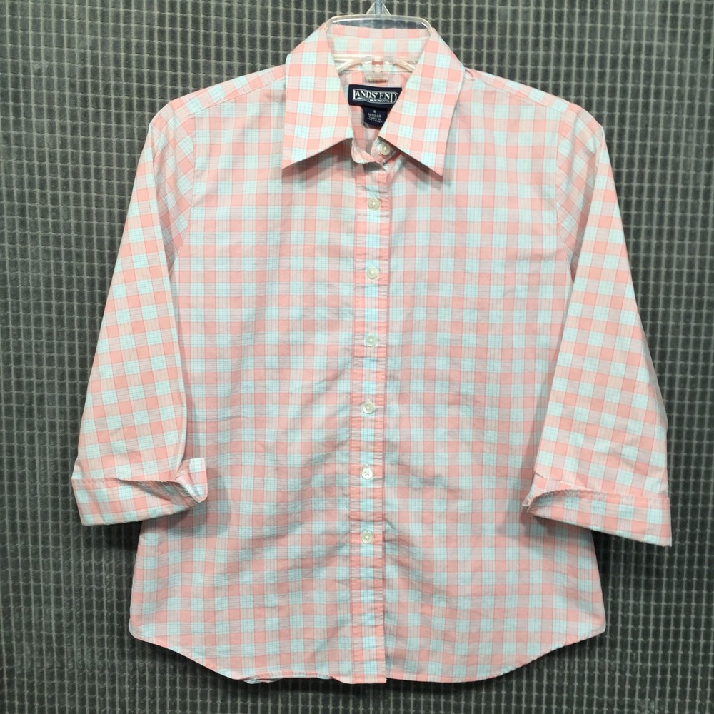 Lands End Womens Pink‎ Blue Plaid Button Down Shirt 3/4 Sleeve Size 8 Regular